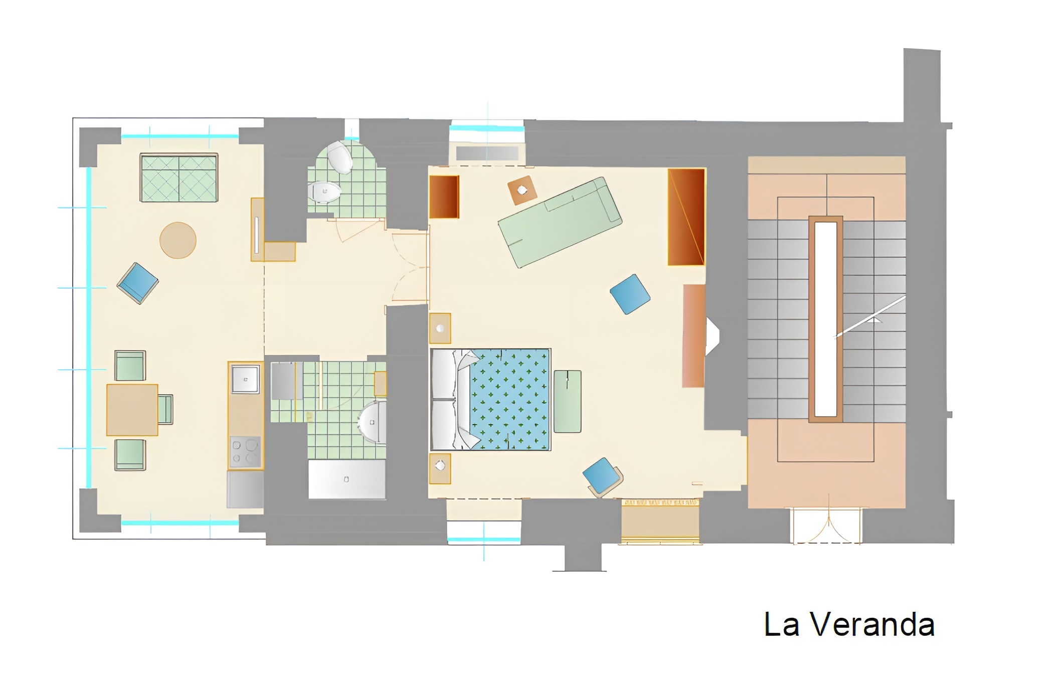 La Veranda  Alloggio situato al primo piano, panoramico di mq.56, ideale per 2 o 3 persone. Vi si accede tramite scala di 24 gradini.  Ampia camera da letto: letto matrimoniale (su richiesta divisibile in due letti singoli), letto singolo, armadio.  