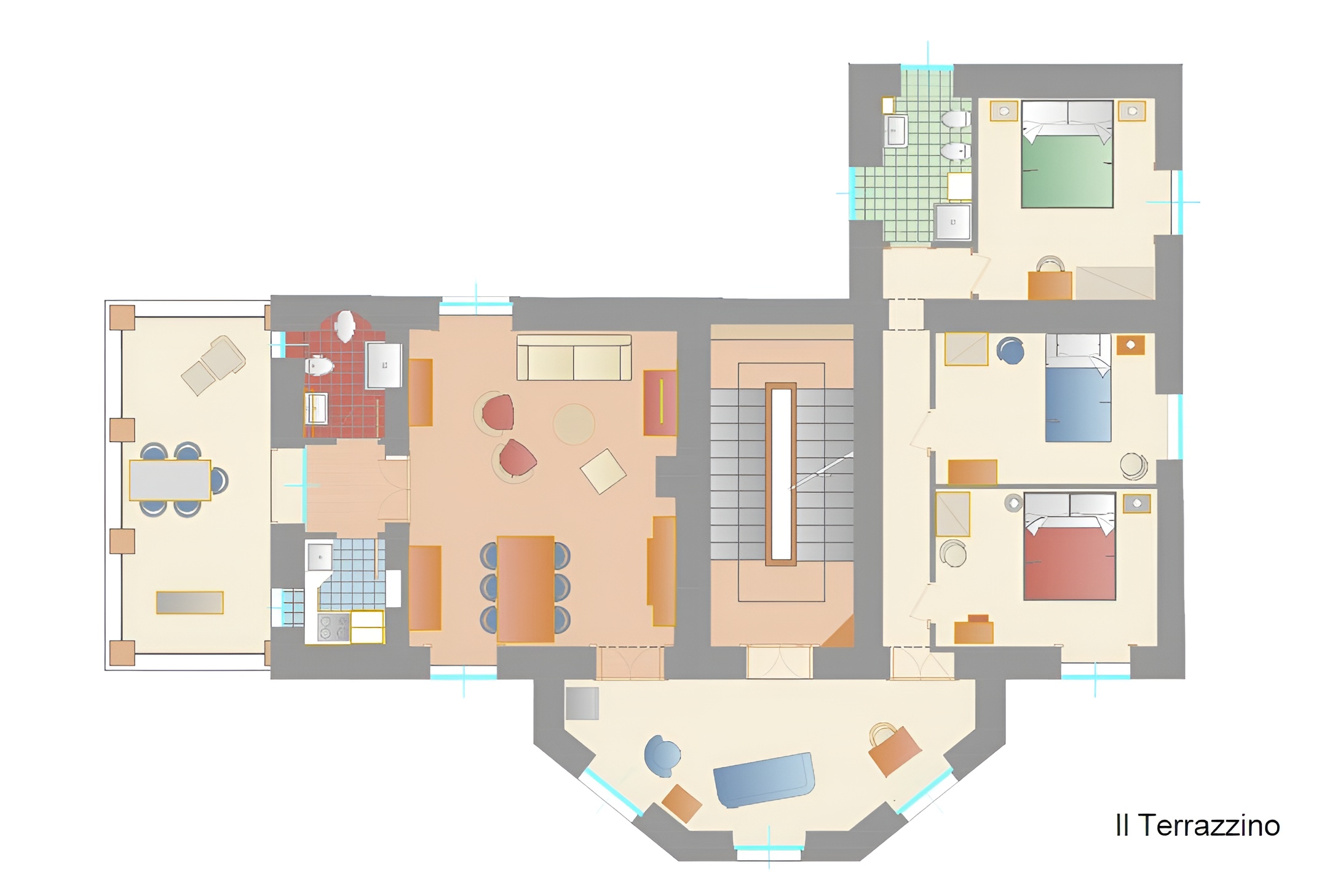 Il Terrazzino Villa Preziosa Alloggio situato al secondo piano di mq. 106 molto panoramico, con spettacolare terrazzo di mq. 17, ideale per 5 persone. Vi si accede tramite scala di 47 gradini. Ampio e luminoso ingresso con divano e postazione smart w